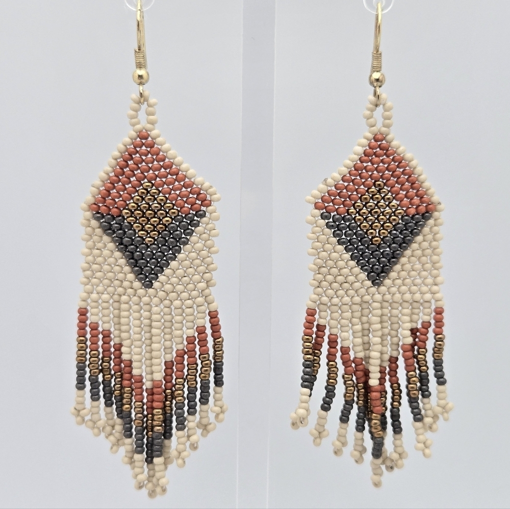 Ink + Alloy Handmade Ivory Brown Gold Beaded Designer Earrings 3.5''